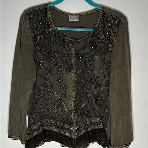 Elegant Dark Green Women's Blouse with Embroidery and Lace Details